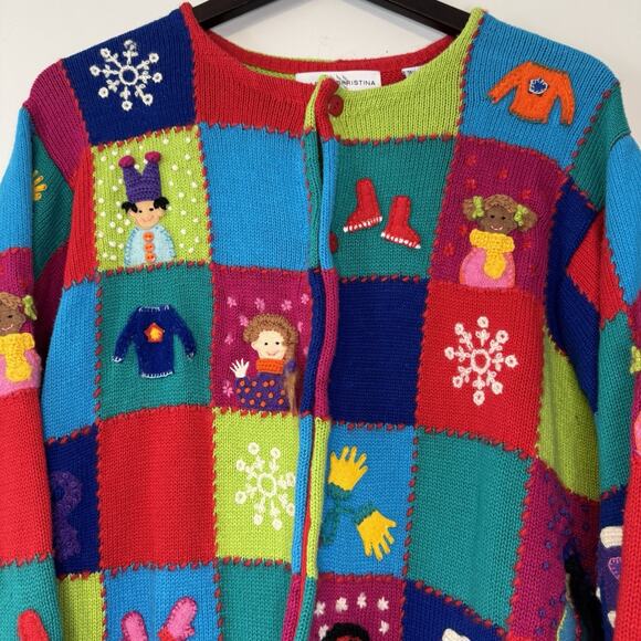Marisa Christina Christmas Sweater 2000 Women's XL Winter Dolls Colorful Squares - Picture 2 of 11